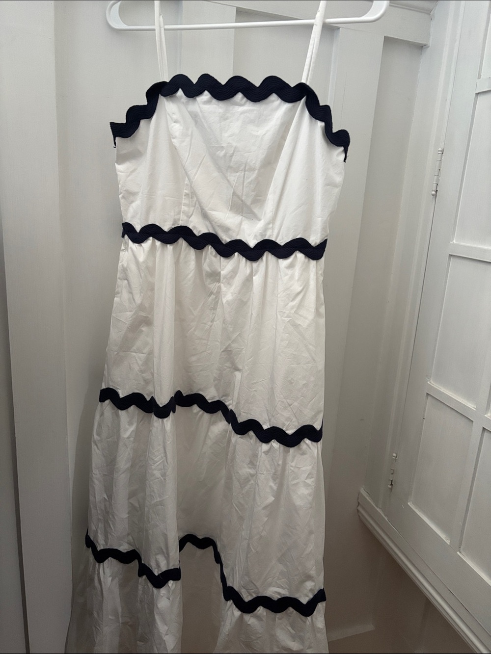 LOFT White Smocked Summer Dress with Navy Trim